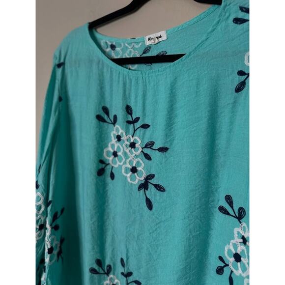 Kindred Womens Floral Embroidered Shirt Top Size Petite Large Boho Blue Feminine - Picture 3 of 7